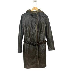 Danier Women's Small Hooded Genuine Leather Shearling Coat Belted Dark Brown